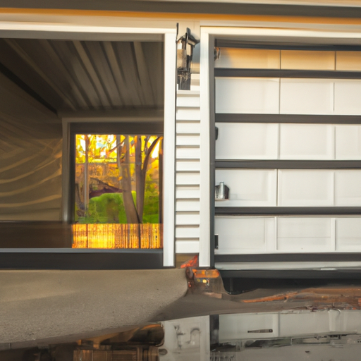 Suburban Wayland garage with a modern steel sectional door partially open at golden hour, wet driveway reflecting light.