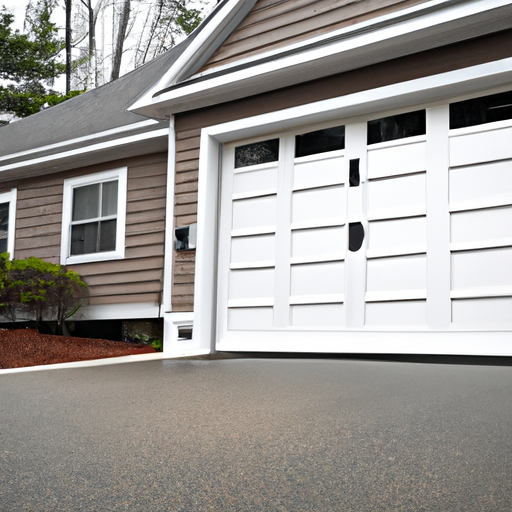Suburban Wayland driveway with a modern insulated garage door on a New England home, no people.