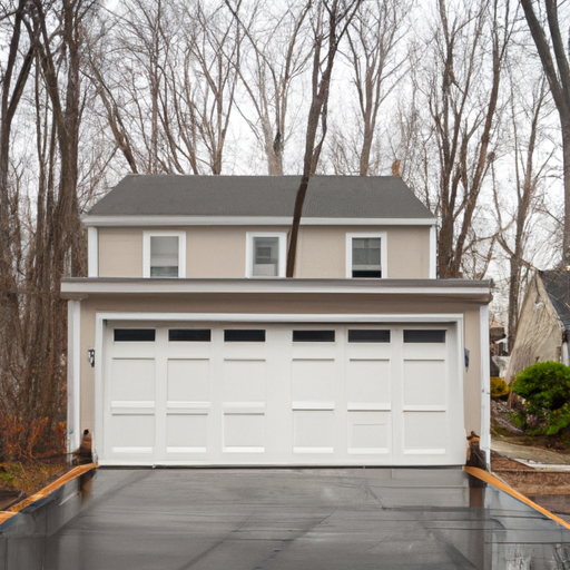 Modern garage door in a Wayland, MA driveway with visible bottom seal and overcast sky.