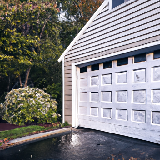 Suburban Wayland garage door with wet driveway and native shrubs, late afternoon light