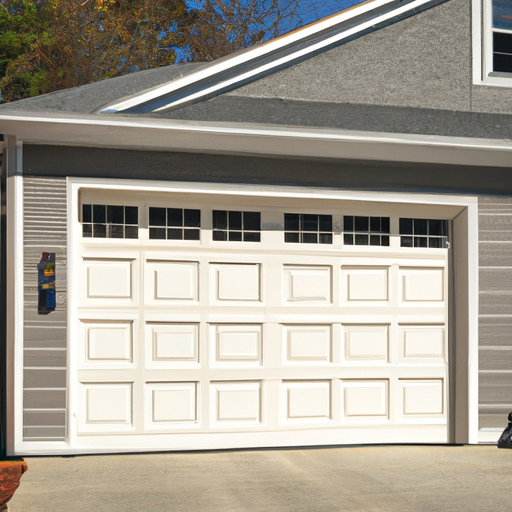 Suburban Wayland home with a newly installed insulated steel sectional garage door, fall light, no people.
