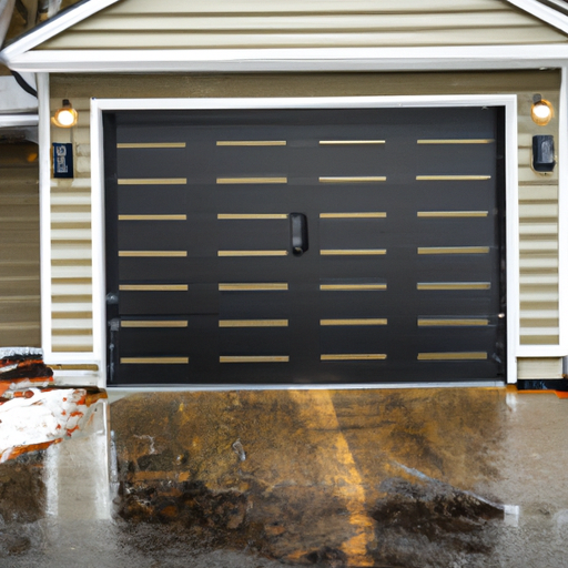Suburban Wayland home with a modern closed sectional garage door, wet driveway and light snow showing panel and seal details.