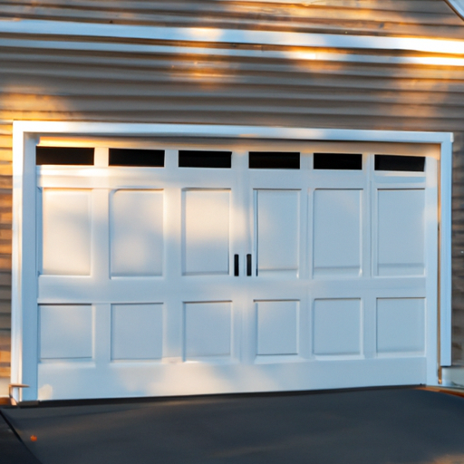 Insulated garage door on a suburban Wayland, MA home showing panels and weatherseal, no people.