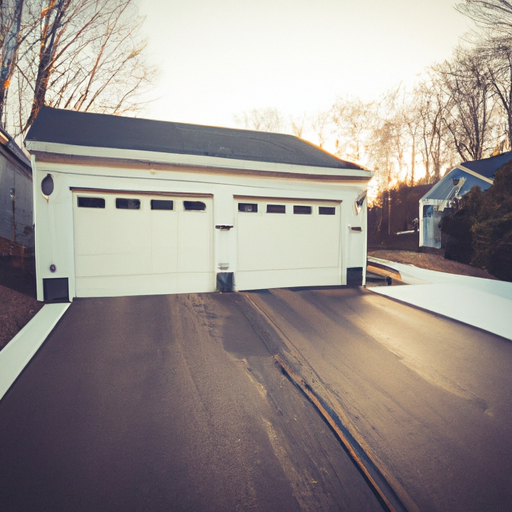Suburban Wayland driveway with a closed sectional garage door, visible tracks and weatherstripping at golden hour.