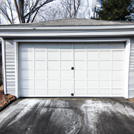 Suburban Wayland, MA garage with insulated steel door and visible weatherstripping in winter.