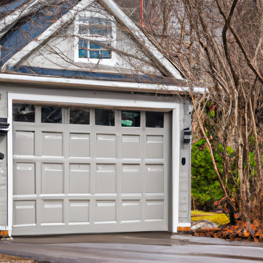 Insulated garage door on a suburban Wayland, MA home with driveway and overcast sky.