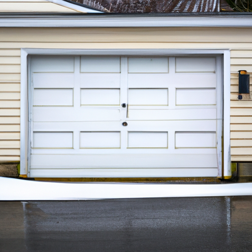 Sectional garage door on a Wayland, MA home driveway in winter, showing panels, weatherseal, and hardware.