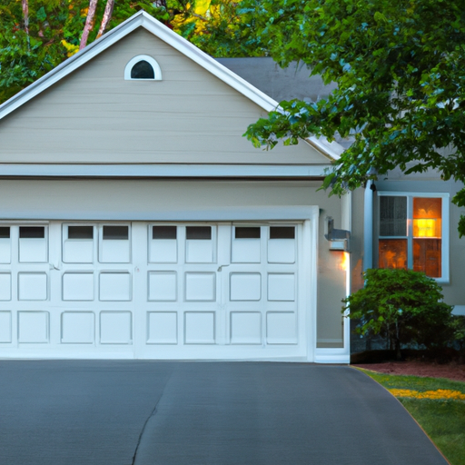 Suburban Wayland MA home with an attached two-car sectional garage door, sunset light, no people.