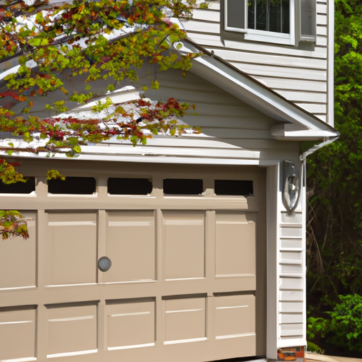 Suburban Wayland, MA home with a sectional garage door closed, morning light, visible weatherstripping and panels.