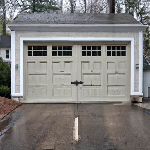 Closed residential garage door on a suburban Wayland, MA driveway on overcast day
