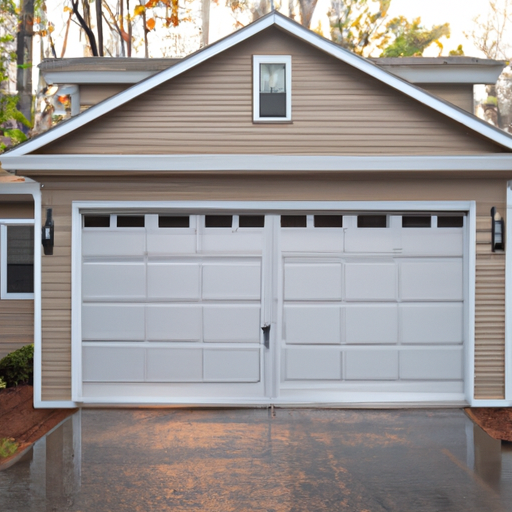 Suburban Wayland, MA home with a closed insulated garage door, visible seals and windows, early morning light.