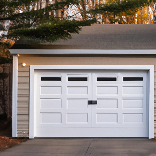 Suburban Wayland driveway with a closed residential garage door, clapboard siding, and trees at golden hour.