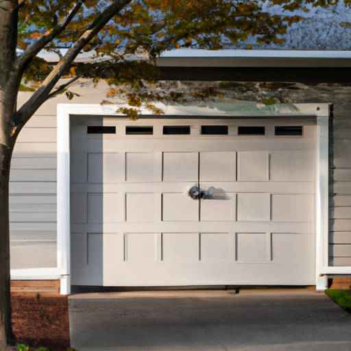 Suburban Wayland garage door on a residential driveway with visible tracks and hardware in late afternoon light.