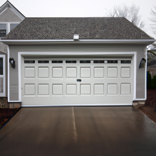 Wayland, MA suburban home with a closed garage door on an overcast day, wet driveway and clapboard siding.
