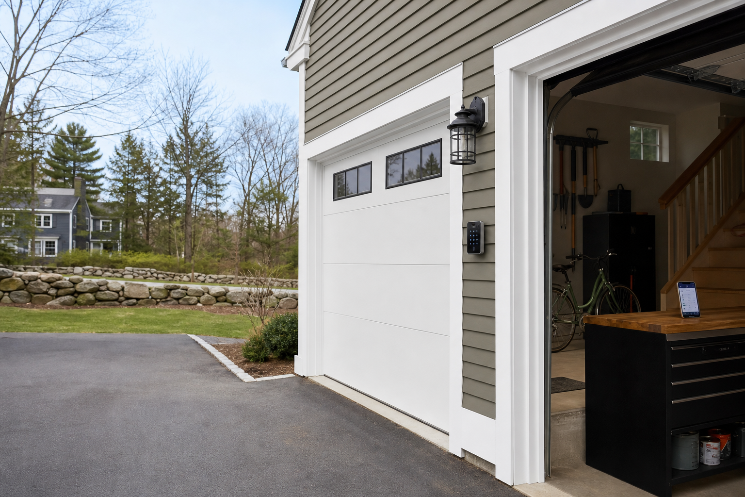 Wayland home exterior with a modern garage door and subtle smart home setup